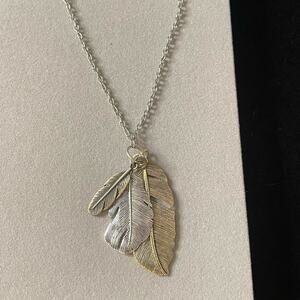 Tri Tone Three Feather Pendant Necklace